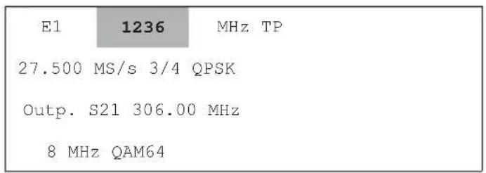 E1 1236 MHz TP 27.500 MS/s 3/4 QPSK Outp. S21 306.00 MHz 8 MHz QAM64