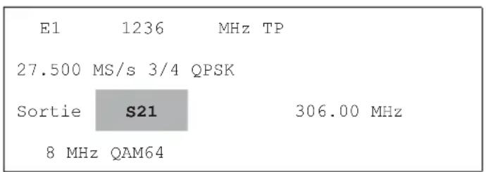 E1 1236 MHz TP 27.500 MS/s 3/4 QPSK Sortie S21 306.00 MHz 8 MHz QAM64