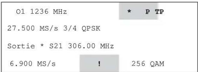 O1 1236 MHz 27.500 MS/s 3/4 QPSK Sortie * S21 306.00 MHz 6.900 MS/s ! 256 QAM