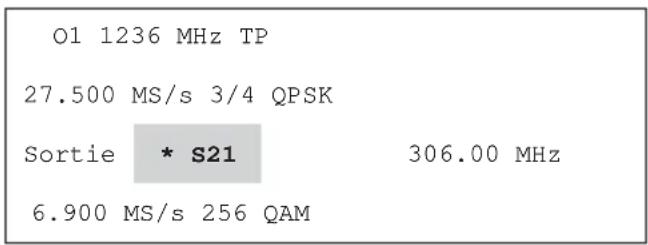 O1 1236 MHz TP 27.500 MS/s 3/4 QPSK Sortie * S21 306.00 MHz 6.900 MS/s 256 QAM