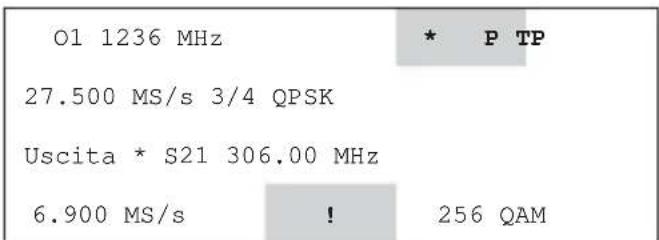 O1 1236 MHz 27.500 MS/s 3/4 QPSK Uscita * S21 306.00 MHz 6.900 MS/s ! * P TP 256 QAM