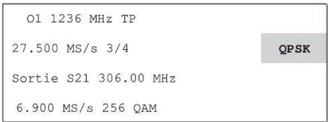 O1 1236 MHz TP 27.500 MS/s 3/4 Sortie S21 306.00 MHz 6.900 MS/s 256 QAM QPSK