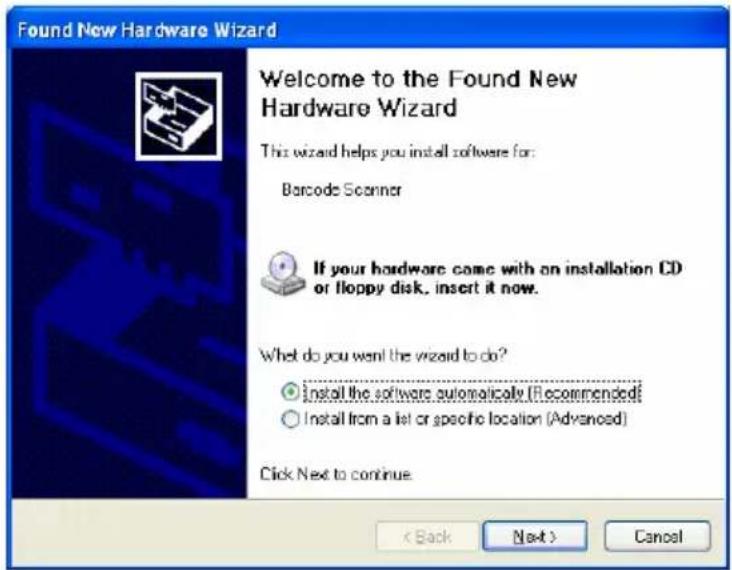 Found New Hardware Wizard Welcome to the Found New Hardware Wizard This wizard helps you install software for: Barcode Scanner If your hardware came with an installation CD or floppy disk, insert it now. What do you want the wizard to do? • Install the software automatically (Recommended) • Install from a list or specific location (Advanced) Click Next to continue. < Back Next > Cancel