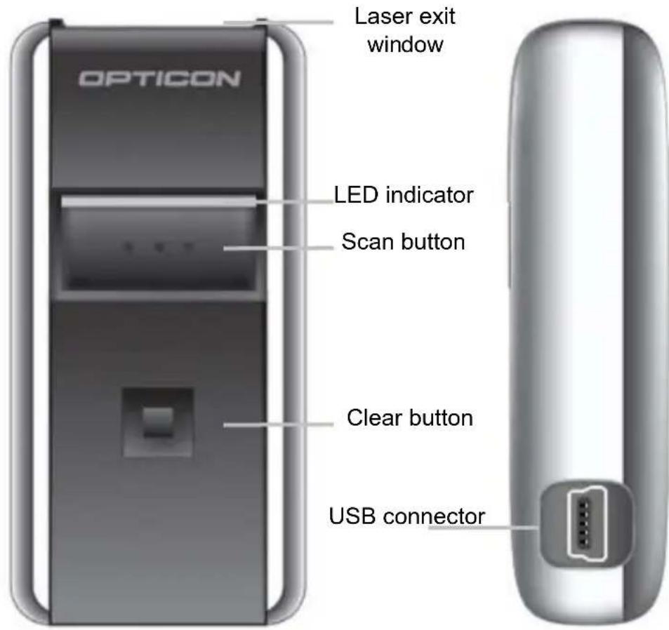 OPTICON Laser exit window LED indicator Scan button Clear button USB connector
