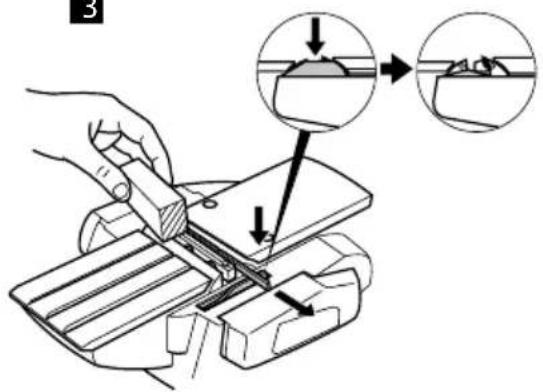 Technical diagram showing a hand operating a cutting machine with two circular insets highlighting the process and detail of the tool.