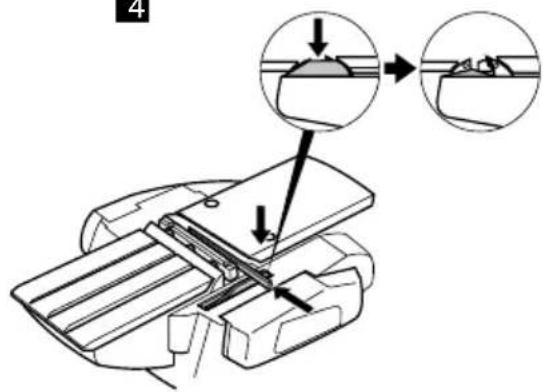 Technical diagram showing mechanical assembly with labeled components and directional arrows indicating assembly steps
