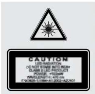 CAUTIONI LED RADIATION DO NOT STAIN INTO REAM DEAM 2 LED PRODUCTS POWER: +500W VINCULENT: 420 cm EN6/EN-1184-A1 2002-A22001