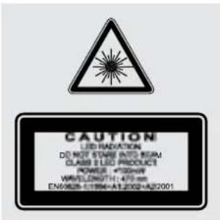 CAUTION LED RADIATION DO NOT STAIN INTO BEAM CLASS 3 LED PRODUCT POWER: +500MHz VIR/LENGTH: 475 nm EN6/EN2-UTR6-A1.2002-AJ2001