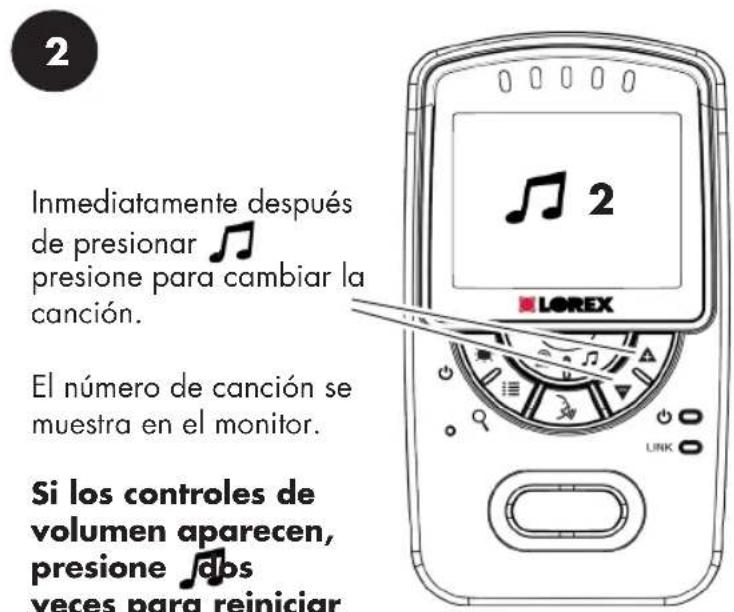 2 Inmediatamente después de presionar ♪ presione para cambiar la canción. El número de canción se muestra en el monitor. Si los controles de volumen aparecen, presione ♫ dos veces para reiniciar