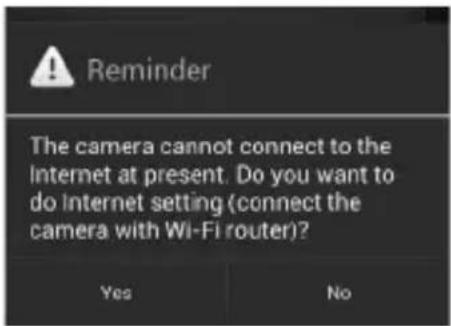 Reminder The camera cannot connect to the Internet at present. Do you want to do Internet setting (connect the camera with Wi-Fi router)? Yes No