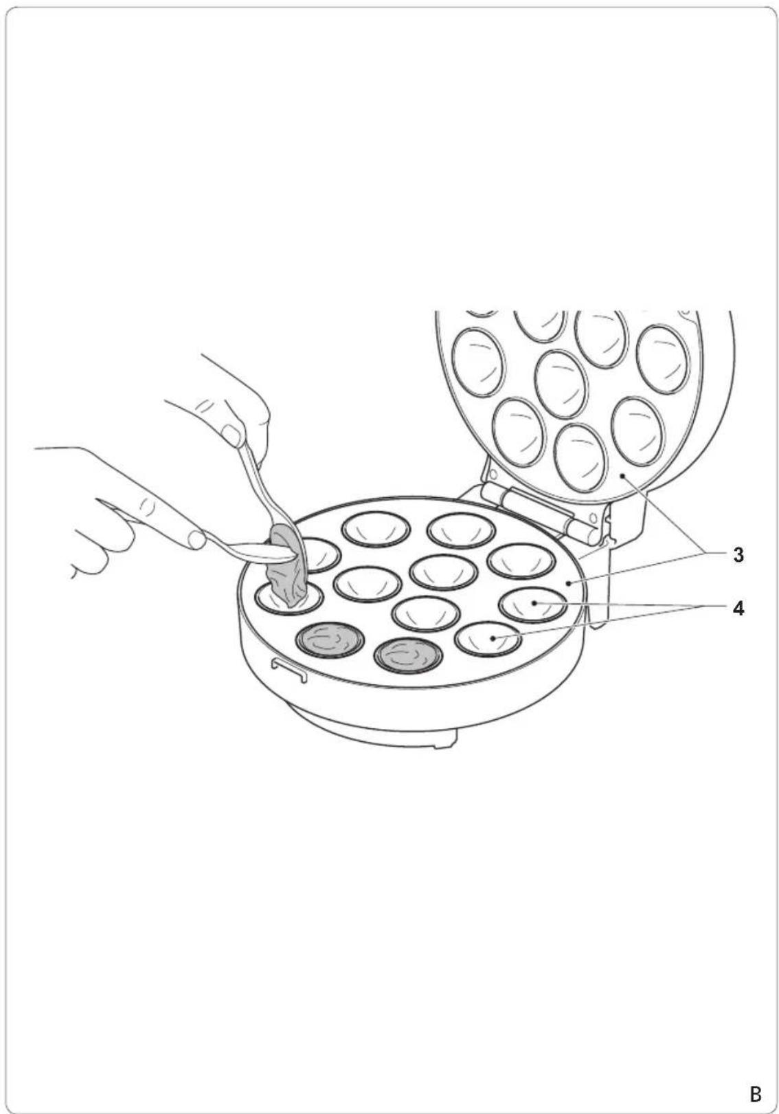Diagram of a cooking process showing a hand using a spoon to feed a tray of oval cavities, with labeled parts 3 and 4.