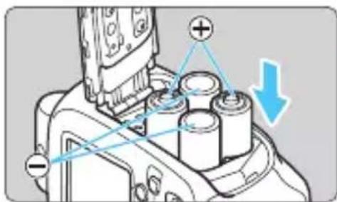 Diagram showing battery mounting mechanism with positive and negative polarity indicators and a blue downward arrow indicating direction.
