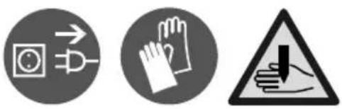 Three safety symbols: electrical plug, hand gesture, and warning sign with hand pointing to a defect.