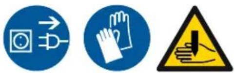 Three safety symbols: a circuit breaker, a hand gesture, and a warning sign with a hammer.