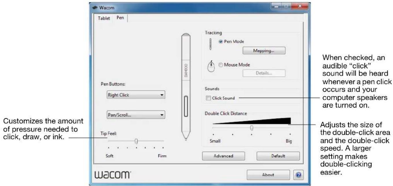 Wacom Tablet Pen Pen Buttons: Right Click Pan/Scroll... Tip Feel: Soft Firm Tracking Pen Mode Mapping... Mouse Mode Details... Sounds Click Sound Double Click Distance Small Big Advanced Default When checked, an audible "click" sound will be heard whenever a pen click occurs and your computer speakers are turned on. Adjusts the size of the double-click area and the double-click speed. A larger setting makes double-clicking easier. Customizes the amount of pressure needed to click, draw, or ink. Wacom® About ?