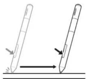 Diagram showing two pen-like objects with arrows indicating movement or change, possibly illustrating a physical or engineering concept.