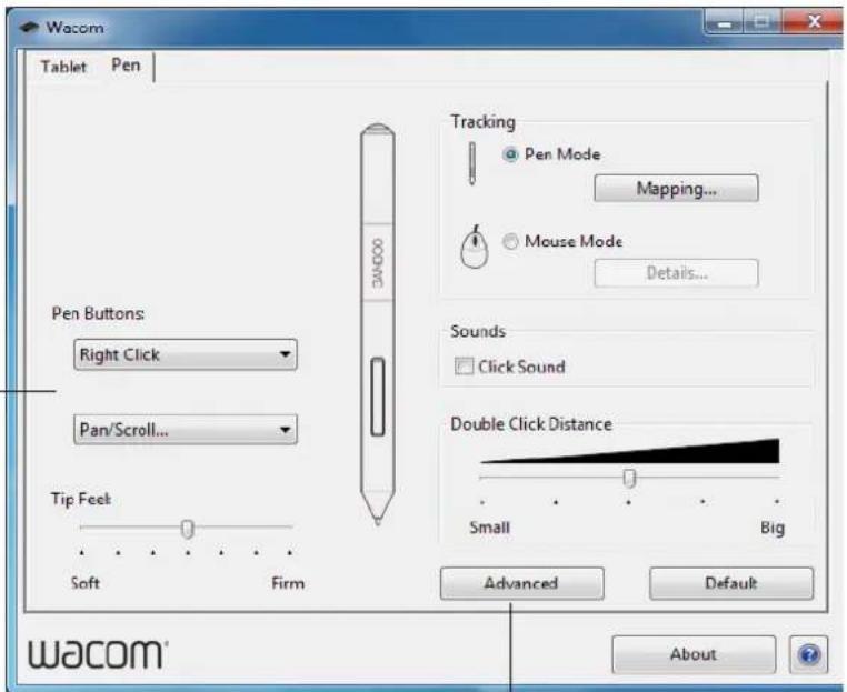 Wacom Tablet Pen Pen Buttons: Right Click Pan/Scroll... Tip Feet Soft Firm Tracking Pen Mode Mapping... Mouse Mode Details... Sounds Click Sound Double Click Distance Small Big Advanced Default About Wacom