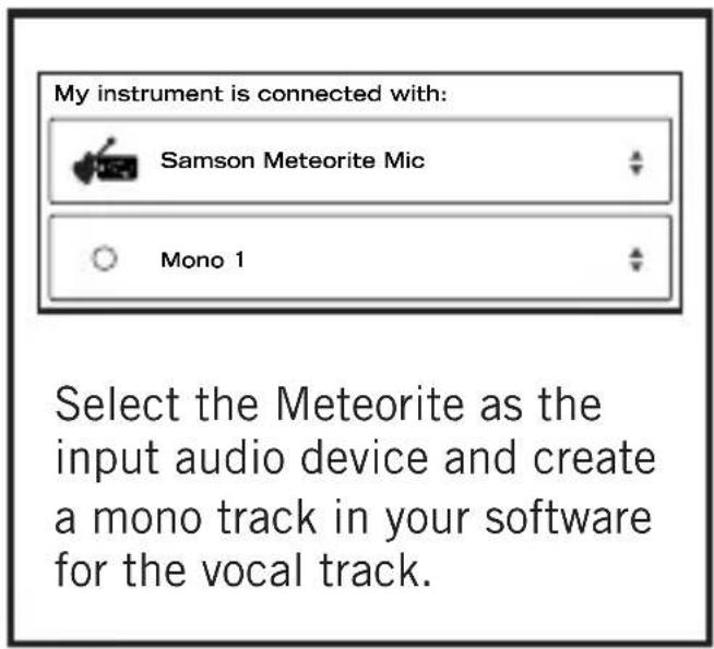 My instrument is connected with: Samson Meteorite Mic Mono 1 Select the Meteorite as the input audio device and create a mono track in your software for the vocal track.