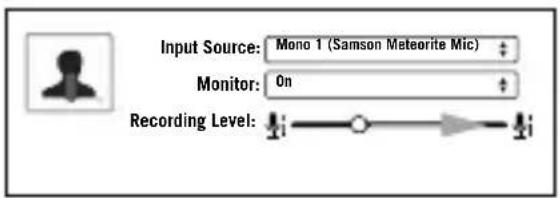 Input Source: Mono 1 (Samson Meteorite Mic) Monitor: On Recording Level: i → → i