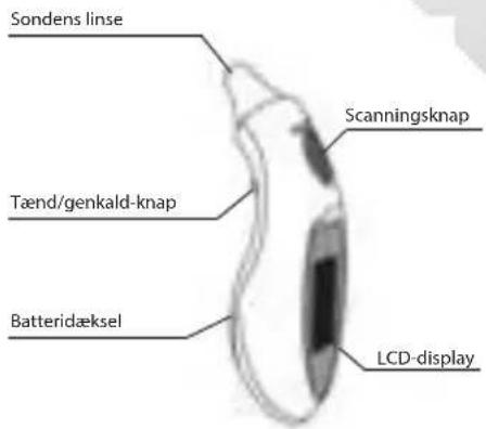 Sondens linse Tænd/genkald-knap Batteridæksel Scanningsknap LCD-display