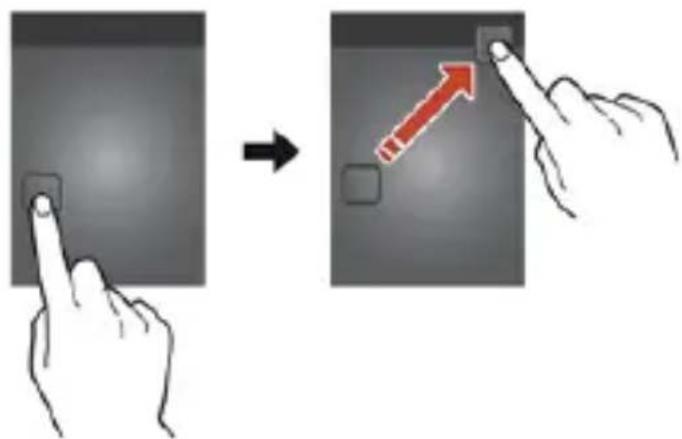 Diagram showing finger pressing a button on a screen, with a red arrow indicating the right-hand rule to press the button.