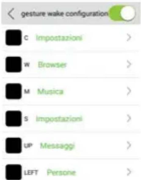 gesture wake configuration C Impostazioni > W Browser > M Musica > S Impostazioni > UP Messaggi > LEFT Persone >