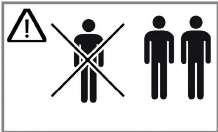 Warning sign with exclamation mark, crossed cross symbol, and two human figures