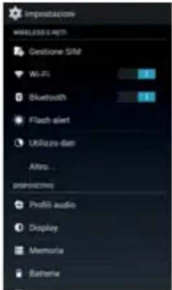 Impostazione Wireless & Wi-Fi Gestione SIM Wi-Fi Bluetooth Flash alert Utilizzo-dan Altro... preferencing Profil audio Display Memoria Batterie