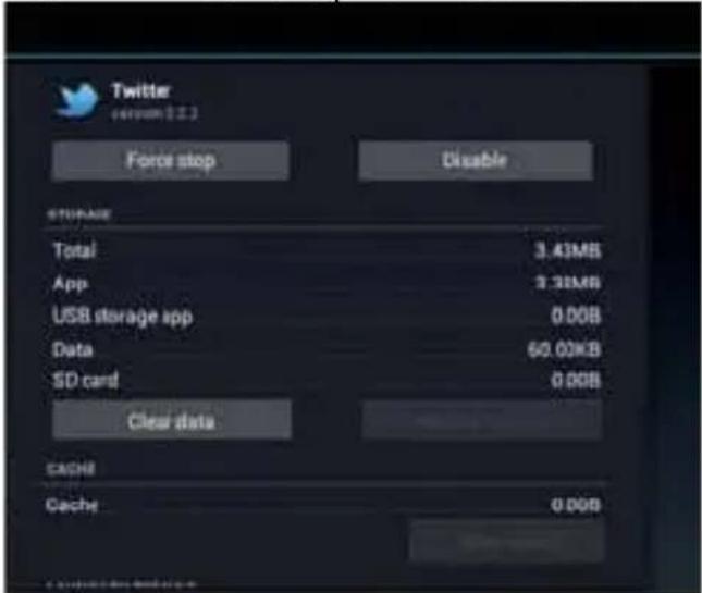 Twitter Force stop Disable STORAGE Total 3.43MB App 3.28MB USB storage app 0.00B Data 60.00KB SD card 0.00B Clear data CACHE Cache 0.00B