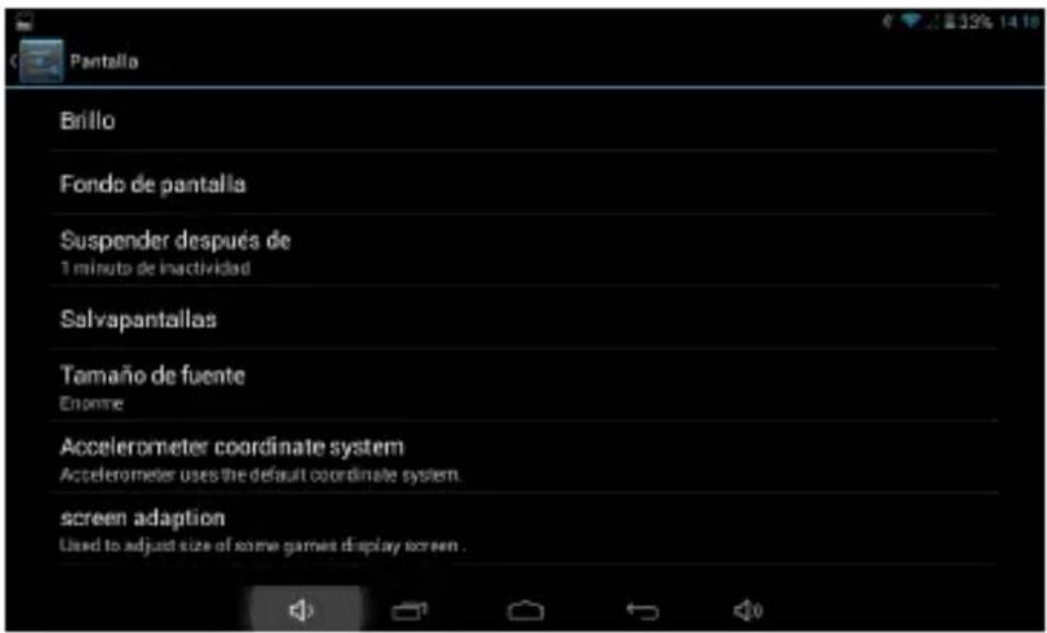 Brillo Fondo de pantalla Suspender después de 1 minuto de inactividad Salvapantallas Tamaño de fuente Enome Accelerometer coordinate system Accelerometer uses the default coordinate system. screen adaption Used to adjust size of some games display screen.