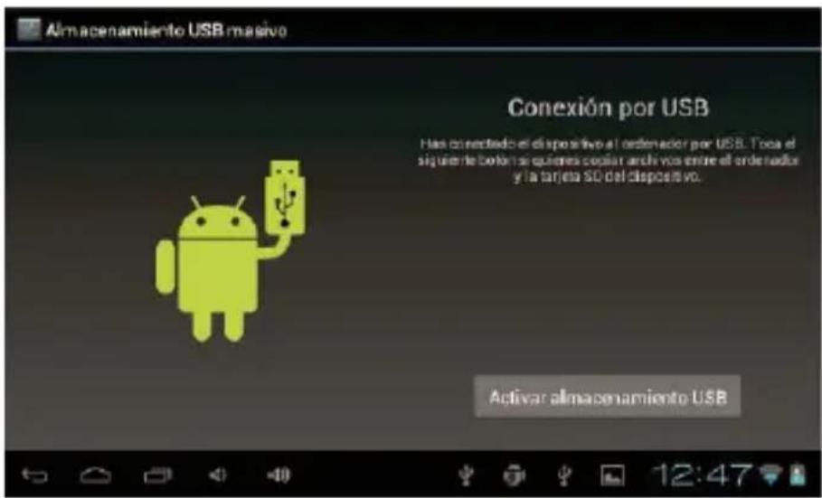 Almacenamiento USB masivo Conexión por USB Has conectado el dispositivo al ordenador por USB. Toca el siguiente before si quieres seguir archivos entre el ordenador y la tarjeta SO del dispositivo. Activar almacenamiento USB