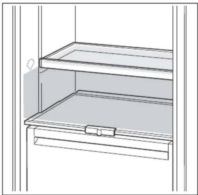 Line drawing of a cabinet shelf with two shelves and a drawer. No text or symbols.