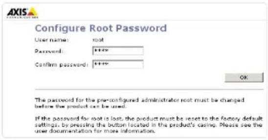 Configure Root Password User name: root Password: +++% Confirm passwords: +++% OK The password for the pre-configured administrator root must be changed before the product can be used. If the password for root is lost, the product must be reset to the factory default settings, by pressing the button located in the product's casing. Please see the user documentation for more information.