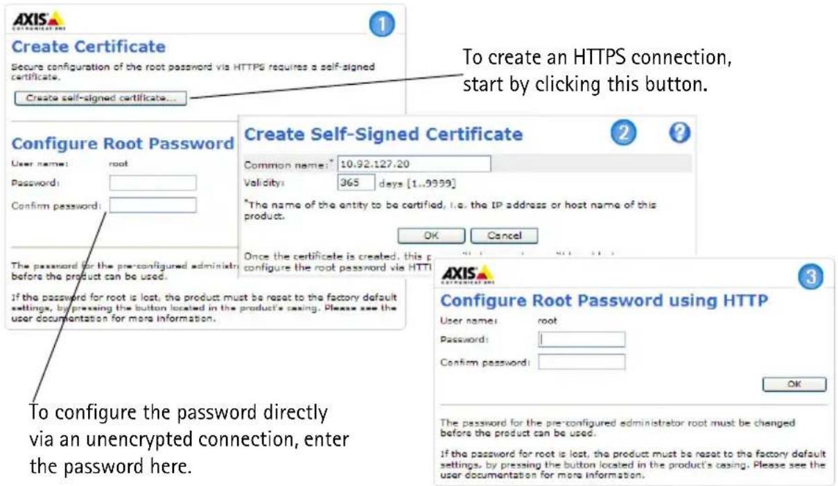 AXIS Create Certificate Secure configuration of the root password via HTTPS requires a self-signed certificate. Create self-signed certificate... To create an HTTPS connection, start by clicking this button. Configure Root Password User name: root Password: Confirm password: The password for the pre…