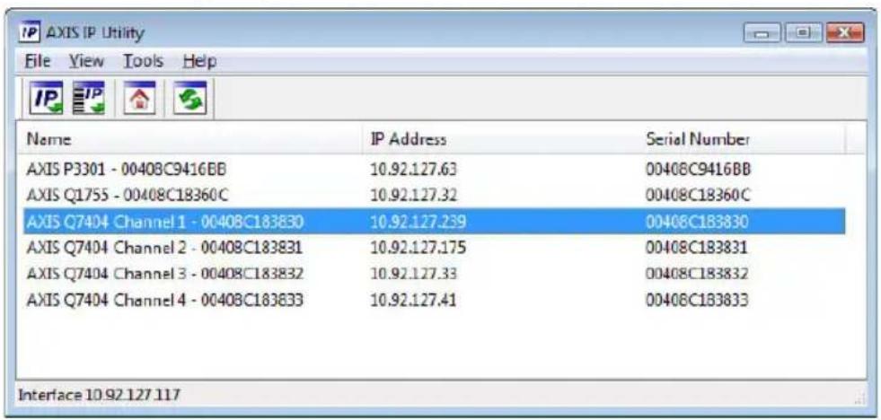 AXIS IP Utility File View Tools Help Name IP Address Serial Number AXIS P3301 - 00408C9416BB 10.92.127.63 00408C9416BB AXIS Q1755 - 00408C18360C 10.92.127.32 00408C18360C AXIS Q7404 Channel 1 - 00408C183830 10.92.127.239 00408C183830 AXIS Q7404 Channel 2 - 00408C183831 10.92.127.175 00408C183831 AXI…