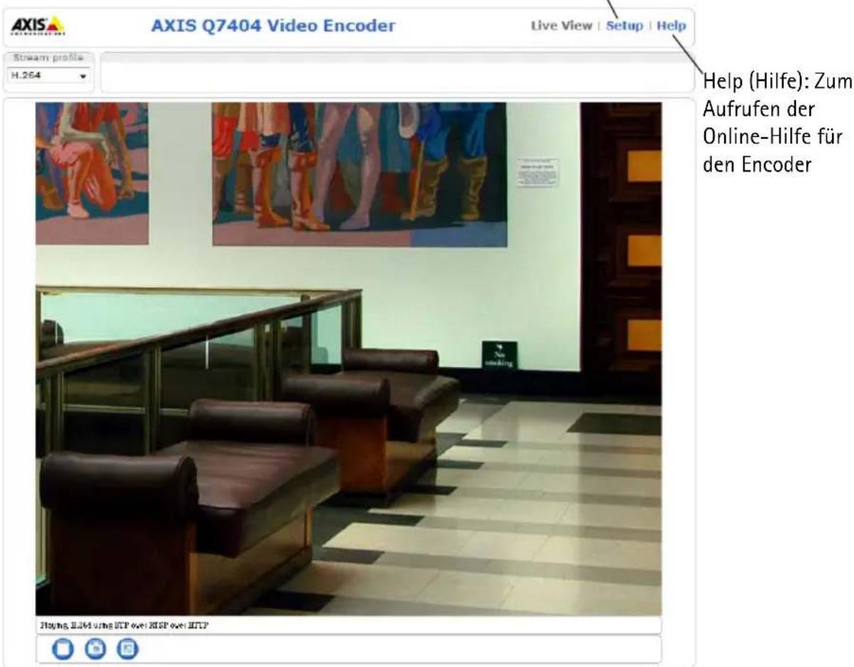 AXIS Q7404 Video Encoder Live View | Setup | Help Stream profile H.264 Help (Hilfe): Zum Aufrufen der Online-Hilfe für den Encoder Playing: 3564 ums HTTP oder KISP oder HTTP