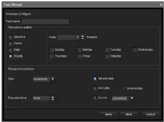Task Wizard Schedule Configure Task name Recurrence pattern One time Every White(0) Hourly Daily Sunday Monday Tuesday Wednesday Weekly Thursday Friday Saturday Range of recurrence Start 2000/06/25 No and data End after Occurrences Execution time 30.00 End by 2000/06/25 Back Next Cancel