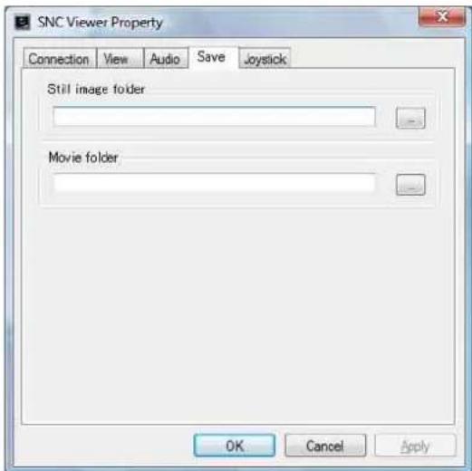 SNC Viewer Property Connection View Audio Save Joystick Still image folder Movie folder OK Cancel Apply