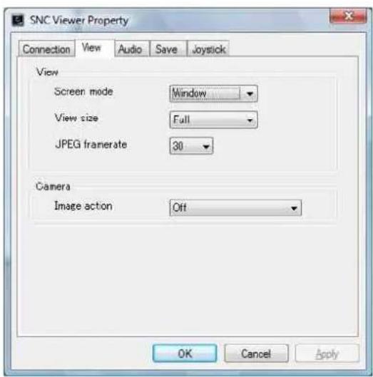 SNC Viewer Property Connection View Audio Save Joystick View Screen mode Window View size Full JPEG framerate 30 Camera Image action Off OK Cancel Apply