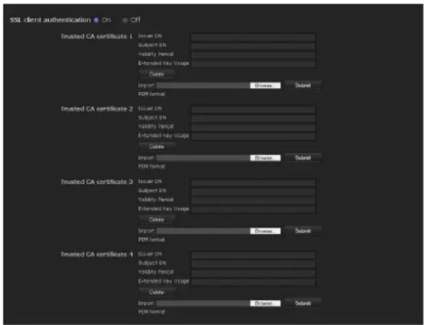SSL client authentication On Off Trusted CA certificate 1 Issuer ON Subject DN Validity Period Extended Key Usage Delete Import Browse Subnet Trusted CA certificate 2 Issuer ON Subject DN Validity Period Extended Key Usage Delete Import Browse Subnet Trusted CA certificate 3 Issuer ON Subject DN Validity Period Extended Key Usage Delete Import Browse Subnet Trusted CA certificate 4 Issuer ON Subject DN Validity Period Extended Key Usage Delete Import Browse Subnet
