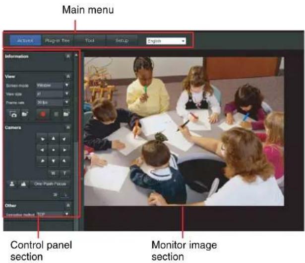 Main menu Action Plug-in fees Tool Setup English Information View Screen mode Window View size 32 Frame size 30 fps Camera One Pulse Focus Other Lemonial icon TCP Control panel section Monitor image section