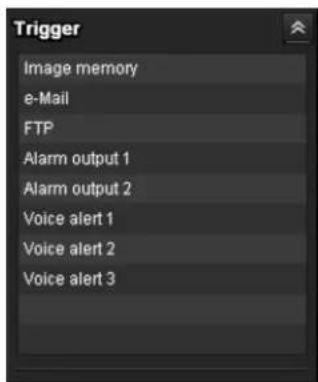Trigger Image memory e-Mail FTP Alarm output 1 Alarm output 2 Voice alert 1 Voice alert 2 Voice alert 3