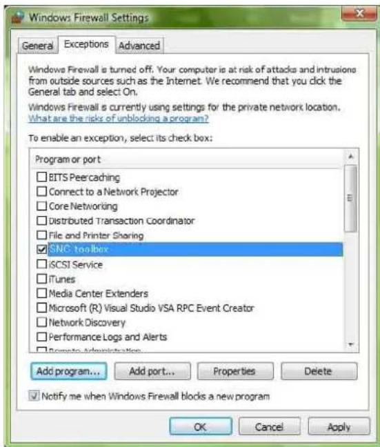 Windows Firewall Settings General Exceptions Advanced Windows Firewall is turned off. Your computer is at risk of attacks and intrusions from outside sources such as the Internet. We recommend that you click the General tab and select On. Windows Firewall is currently using settings for the private network location. What are the risks of unblocking a program? To enable an exception, select its check box: Program or port BITS Peer caching Connect to a Network Projector Core Networking Distributed Transaction Coordinator File and Printer Sharing SNC toolbox iSCSI Service iTunes Media Center Extenders Microsoft (R) Visual Studio VSA RPC Event Creator Network Discovery Performance Logs and Alerts Send to Administration Add program... Add port... Properties Delete Notify me when Windows Firewall blocks a new program OK Cancel Apply
