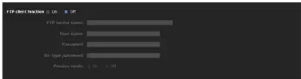 FTP client function On Off FTP server items User status Password Bi-type password Passive status: 0 > Off