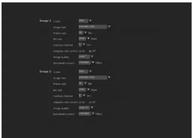 Image 1 Codec Image size 840x80 (RGB) Frame rate 43 fps Bit rate 2940 fps Capture interval 5 sec. Adoption rate control @ On Off Image quality Line 7 Bandwidth control Performance FLOPs Image 2 Codec 图像 size 840x80 (RGB) Frame rate 33 fps Bit rate 2940 fps 3-pattern interval 5 sec. Adaptive rate control @ On Off Image quality Line 10 Bandwidth control Performance FLOPs
