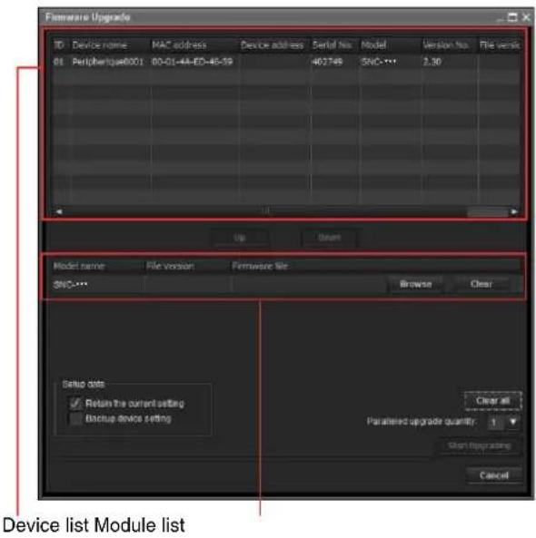 Firmware Upgrade ID Device name MAC address Device address Serial No Model Version No File Veres 01 Peripherique6001 80-01-44-ED-45-59 402749 SNO-*** 2.30 Model name File version Firmware file SNO-*** Browse Clear Setup data ✓ Retain the current setting Backup device setting Paraltered upgrade quantity: Clear all Start Upgrading Cancel Device list Module list
