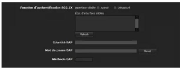 Fonction d'authentication 802.1X Interface clôlée • Activé • Désactivé État d'intérance clôlée Refresh Identité EAP Mot de passe EAP Reset Méthode EAP