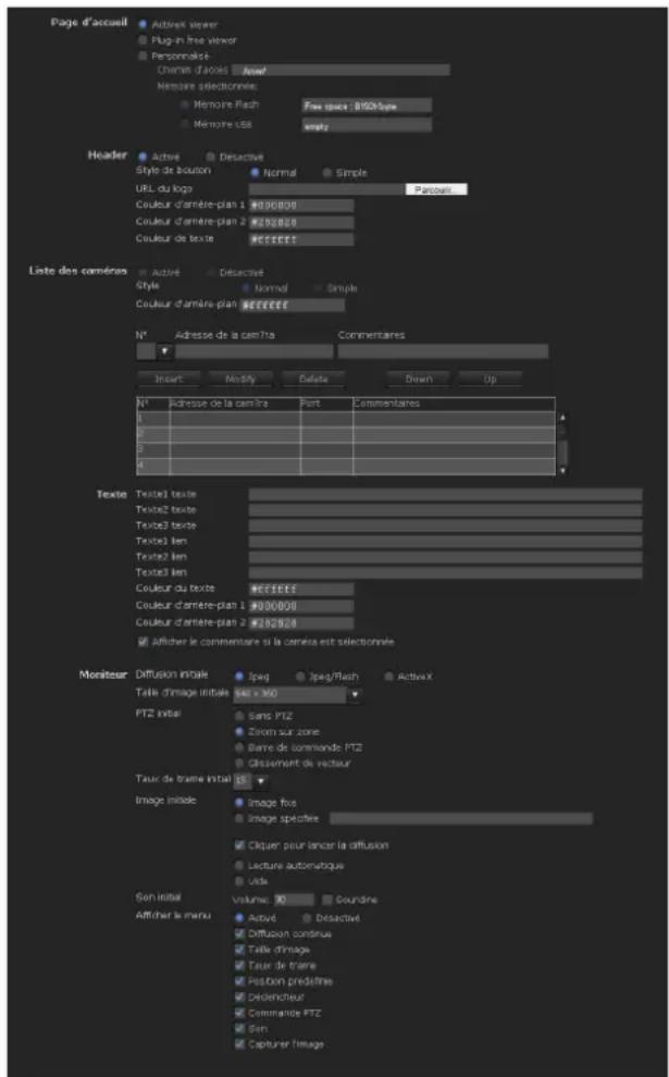 Page d'accueil Activek viewer Plug-in free viewer Personnelist Chernis d'avés Name selection: Mémoire Flash Free space: 8000type Mémoire Uss Apply Header Activel Desactivé Style de boulon Normal Simple URL du logo Péronen Couleur d'arrière-plan 1 #908000 Couleur d'arrière-plan 2 #208059 Couleur de texte #EFEET Liste des camères Activel Desactivé Style Normal Simple Couleur d'arrière-plan #EFEET N° Adresse de la cam/tra Commentares Insert Modify Delete Down Up N° Adresse de la cam/tra Part Commentares 1 2 3 4 Texte Texte1 texte Texte2 texte Texte3 texte Texte3 lien Texte3 lien Texte3 lien Couleur du texte #EFEET Couleur d'arrière-plan 1 #908000 Couleur d'arrière-plan 2 #208058 ✓ diffiner le commentaire si la cam/tra est sélectionnée Moniteur Diffusion initiale Jpeg Jpeg/Flash ActiveX Taille d'image initiale S46 x 360 PTZ initial Sans PTZ Zoom sur zone Barre de commande PTZ Cissement de recteur Taur de trame initial 15 Image initiale Image fixe Image specifie ✓ Cliquer pour lancer la diffusion Lecture automatique Uda Sen initial volume: 10 Soundine Afficher le menu Activel Desactivé ✓ Diffusion continue ✓ Table d'image ✓ Taur de trame ✓ Position predefine ✓ Delechteur ✓ Commande PTZ ✓ Son ✓ Capturer Image