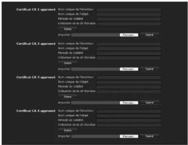 Certificat CA 1 approuvé Nom unique de l'émetteur Nom unique de l'objet Période de Validité Utilisation de la dé étendue Delete Importer Parcours Submit Certificat CA 2 approuvé Nom unique de l'émetteur Nom unique de l'objet Période de Validité Utilisation de la dé étendue Delete Importer Parcours Submit Certificat CA 3 approuvé Nom unique de l'émetteur Nom unique de l'objet Période de Validité Utilisation de la dé étendue Delete Importer Parcours Submit Certificat CA 4 approuvé Nom unique de l'émetteur Nom unique de l'objet Période de Validité Utilisation de la dé étendue Delete Importer Parcours Submit