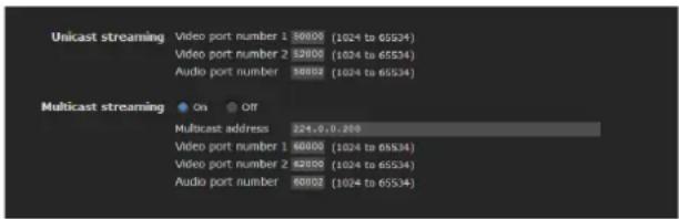 Unicast streaming Video port number 1 30000 (1024 to 65534) Video port number 2 32000 (1024 to 65534) Audio port number 38002 (1024 to 65534) Multicast streaming ● On ● Off Multicast address 324.0.0.209 Video port number 1 60000 (1024 to 65534) Video port number 2 82000 (1024 to 65534) Audio port number 68002 (1024 to 65534)